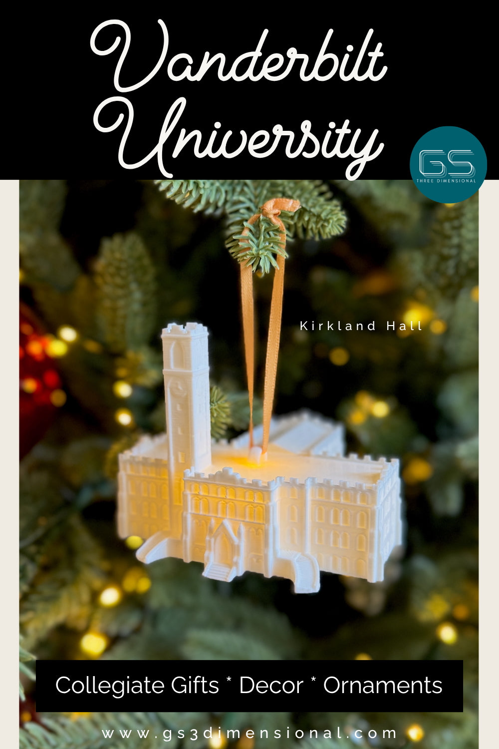 Decorative ornament of Kirkland Hall with 'Vanderbilt University' text on a Christmas tree.