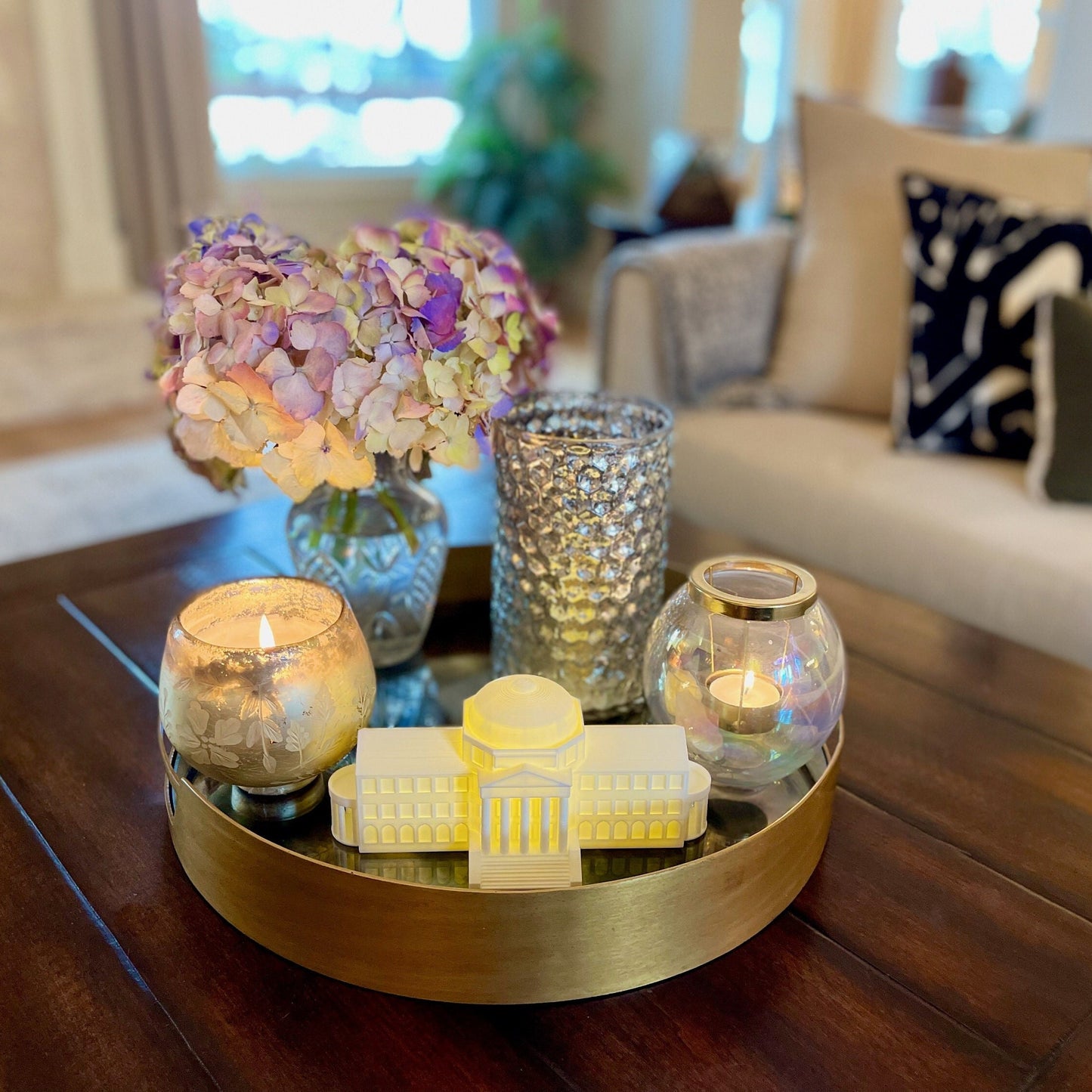 The SMU dorm decoration, shown on a living room tray.
