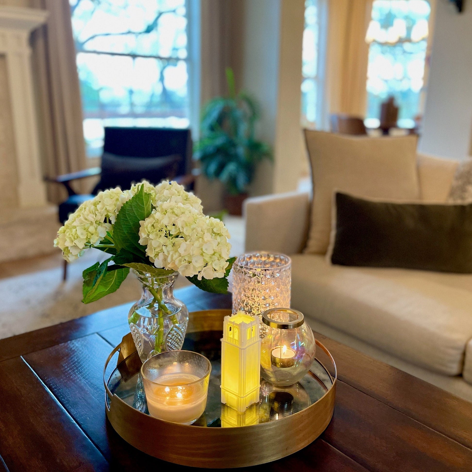 The University of Florida home decor item, designed in honor of the Century tower and shown on a living room tray.