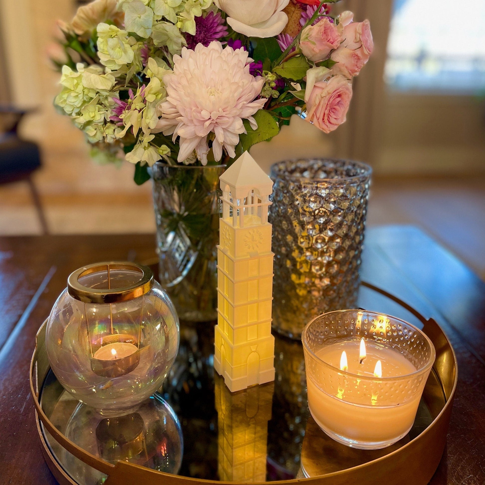 The Purdue dorm decoration, shown styled on a tray.