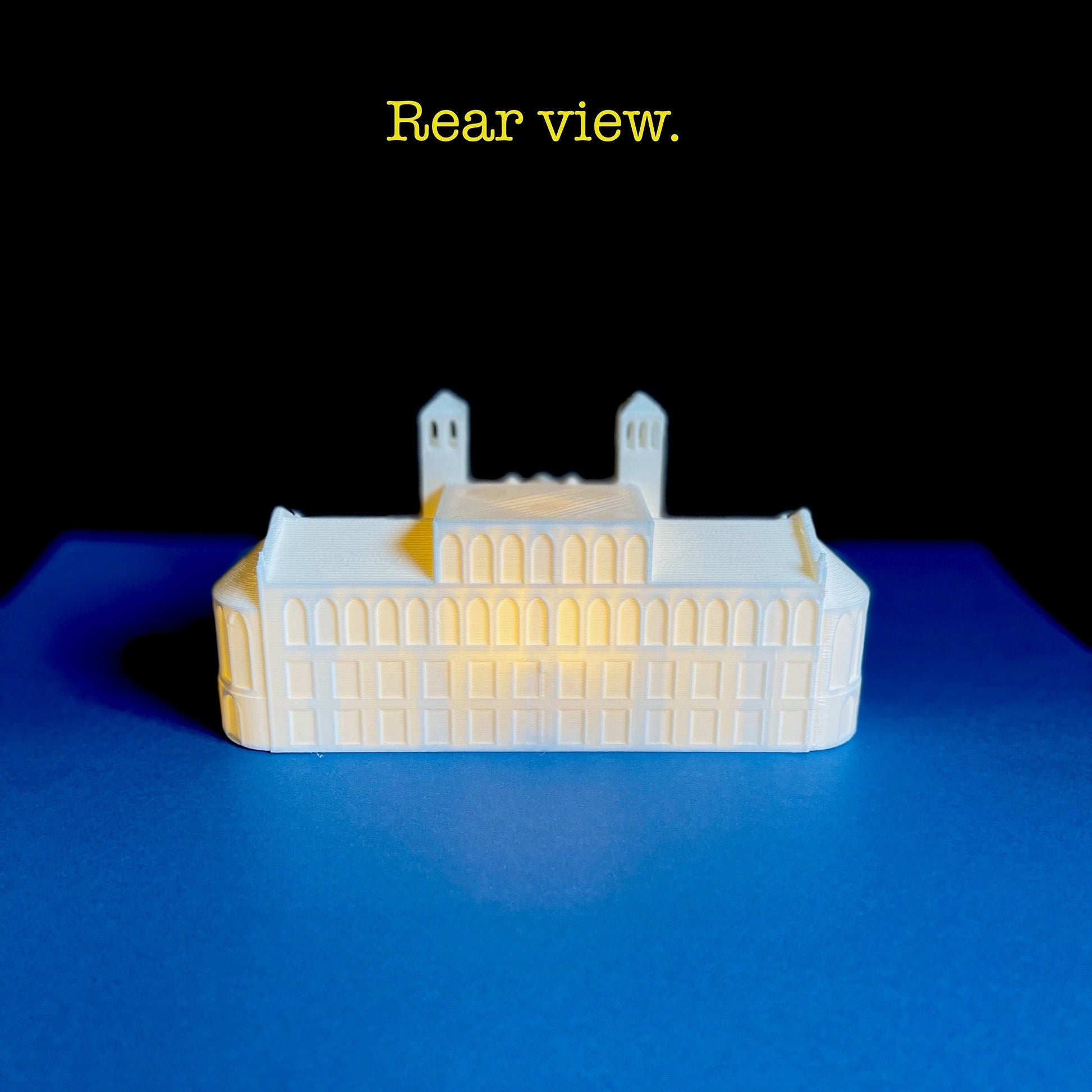 Rear view of the lighted Royce Hall UCLA cake topper.