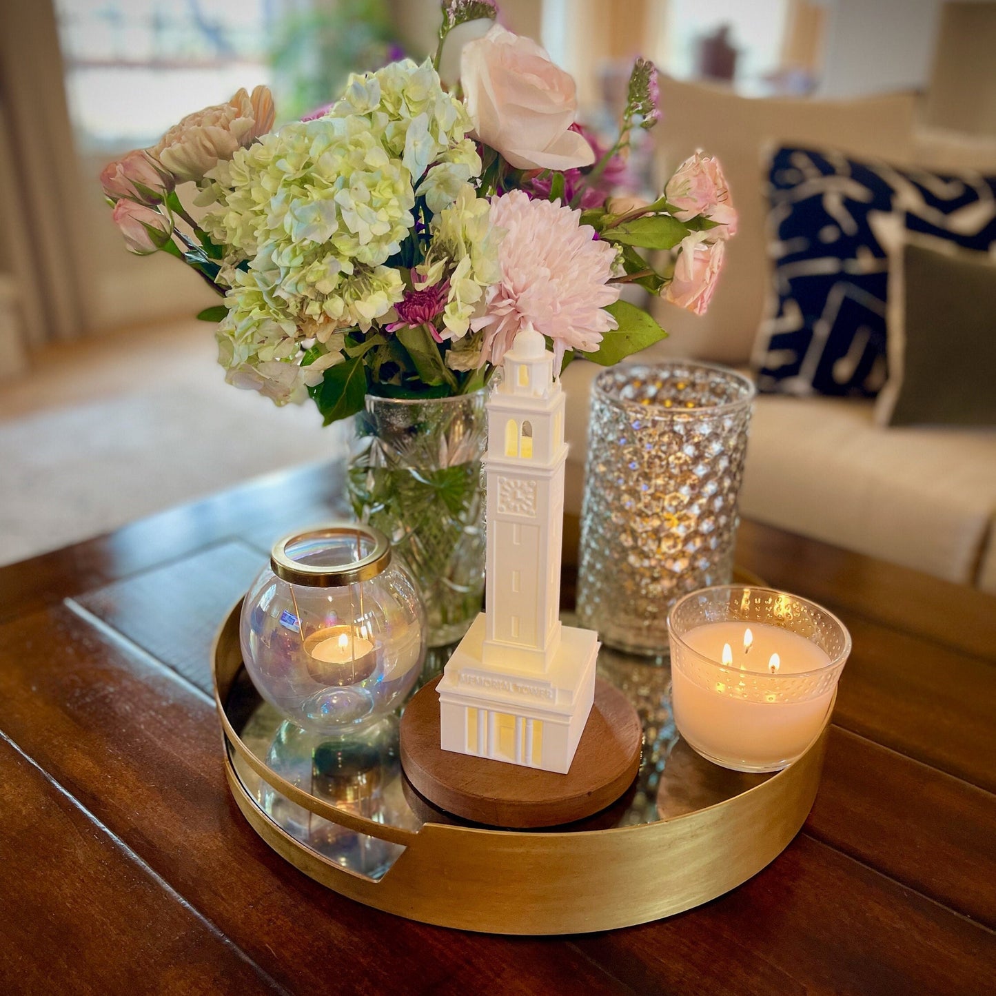 The LSU light, shown displayed on a living room tray.