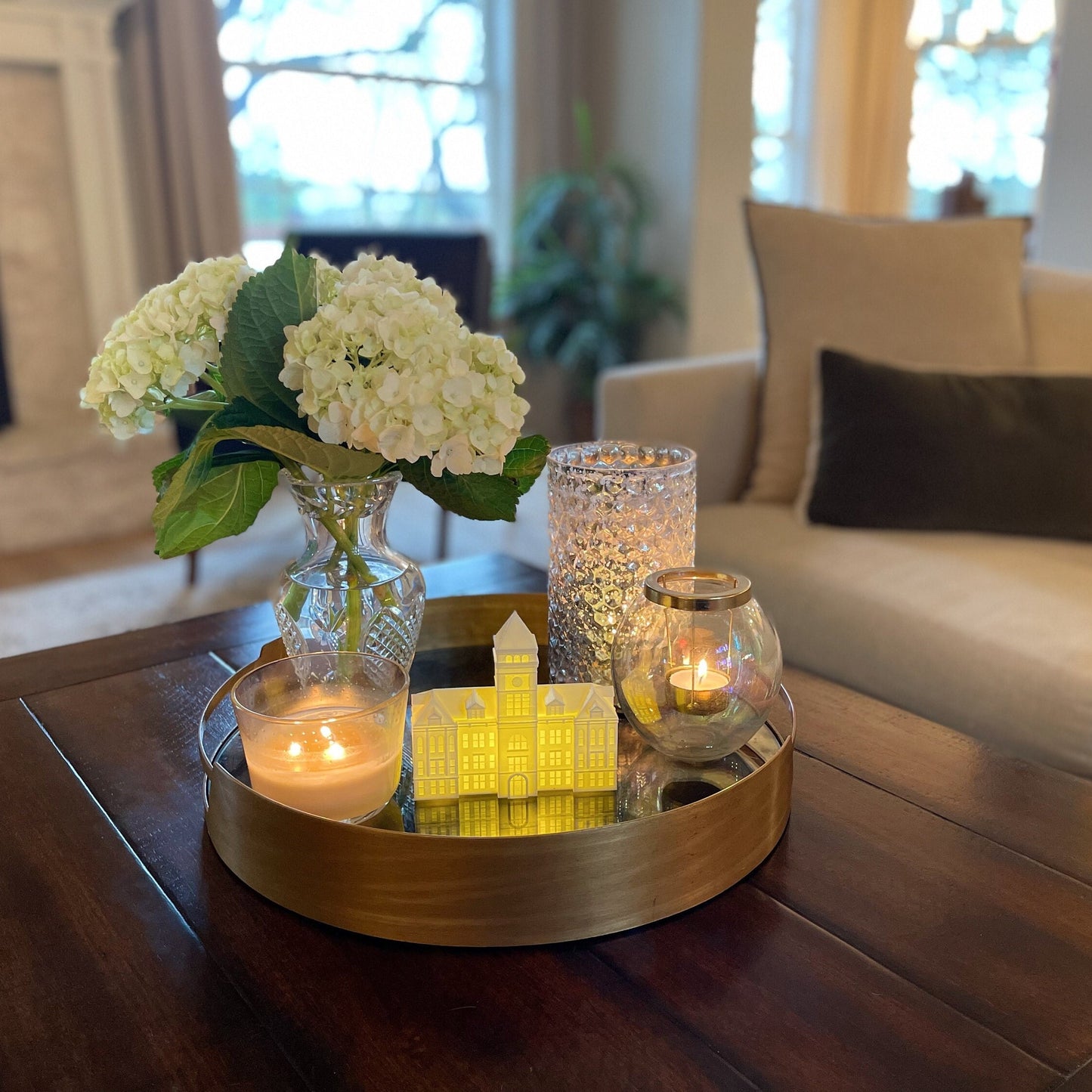 The Clemson Tillman Hall figurine with light, shown on a living room tray.