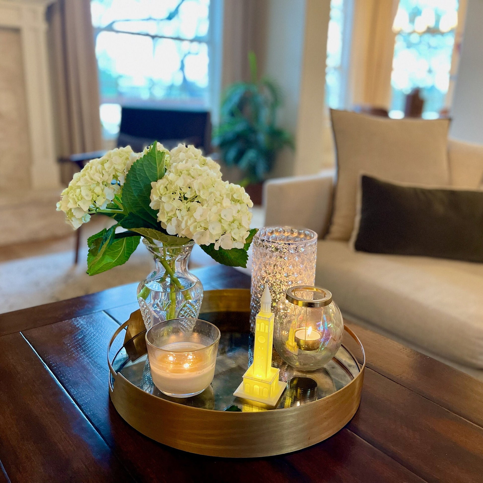 The UNC Tower light, shown styled in a living room.