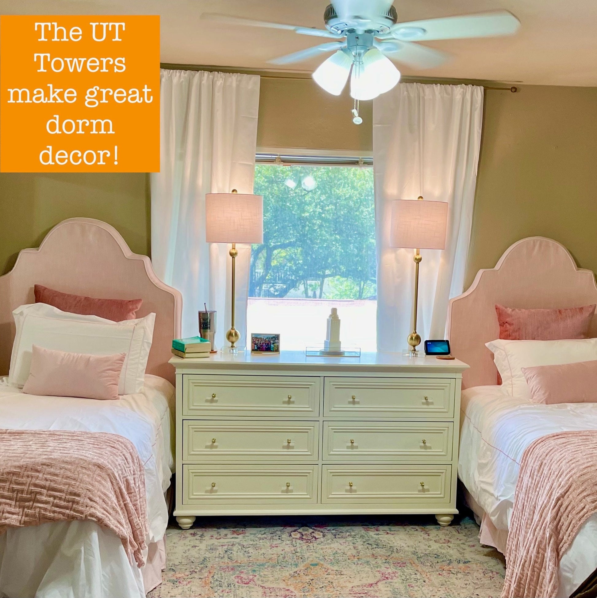 The university of texas dorm decoration, shown in a collage dorm.