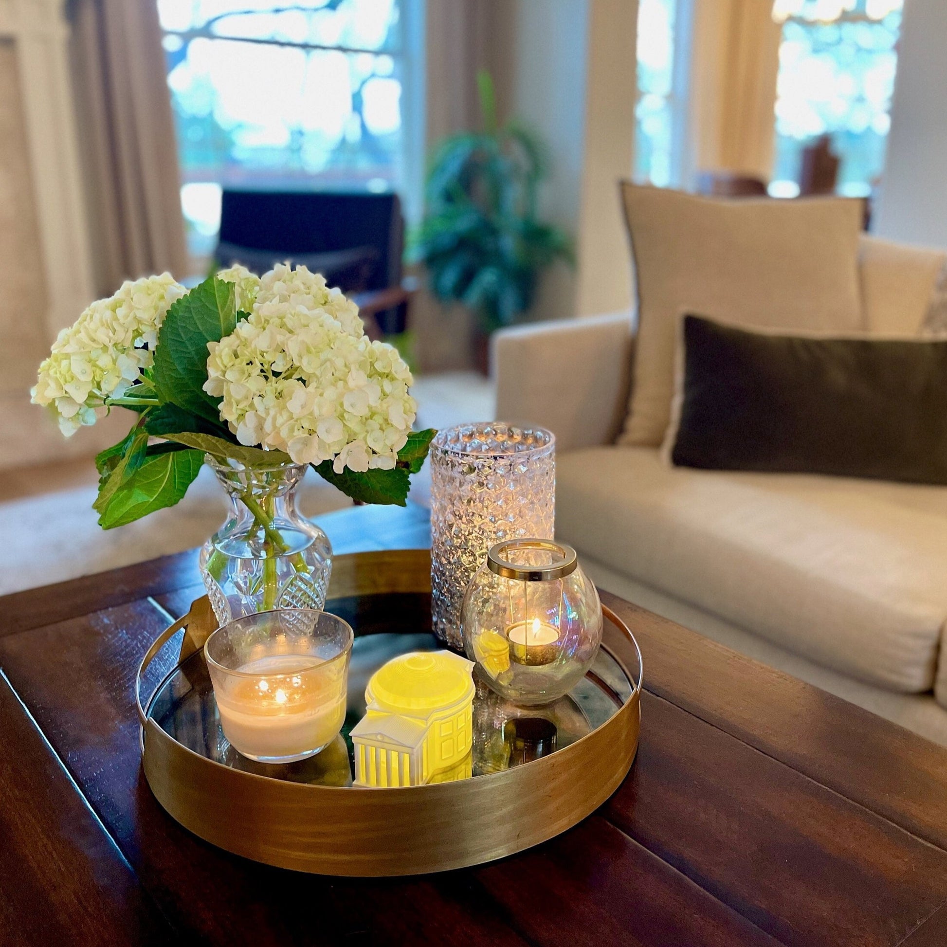 The lighted UVA rotunda figurine, shown as a party decoration/centerpiece.