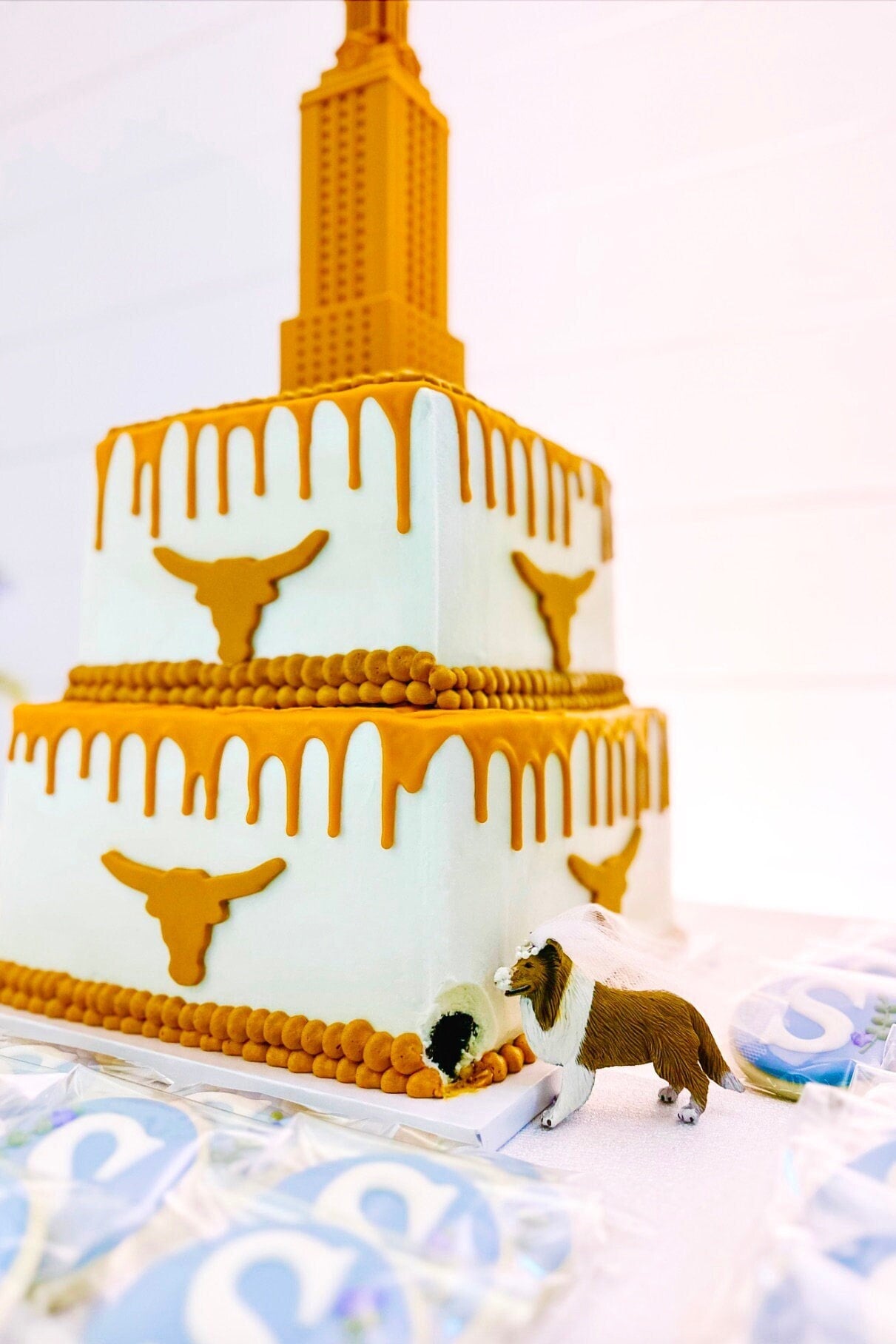 The University of Texas lighted figurine, shown in use as a cake topper on a UT groom's cake.