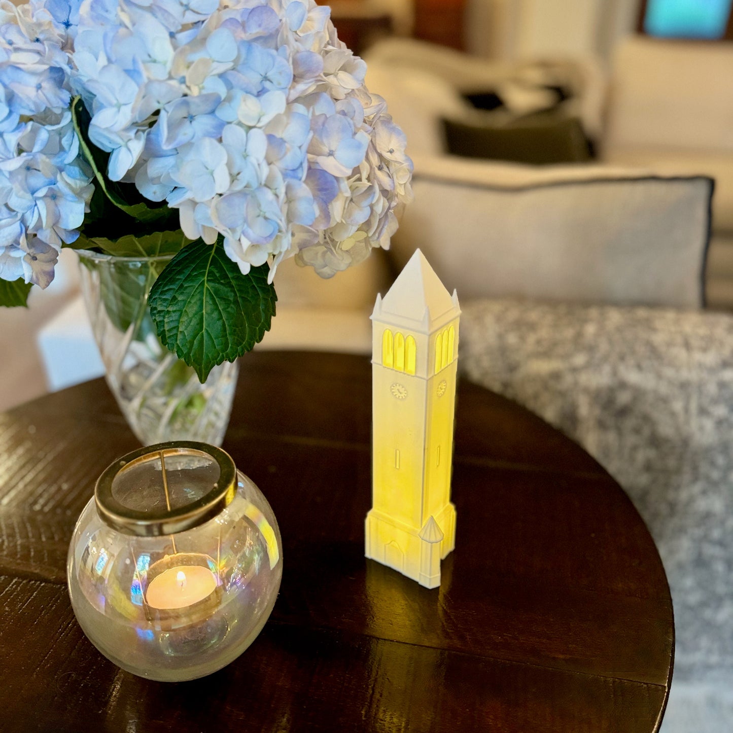 The Iowa State Campanile light, shown on a side table.