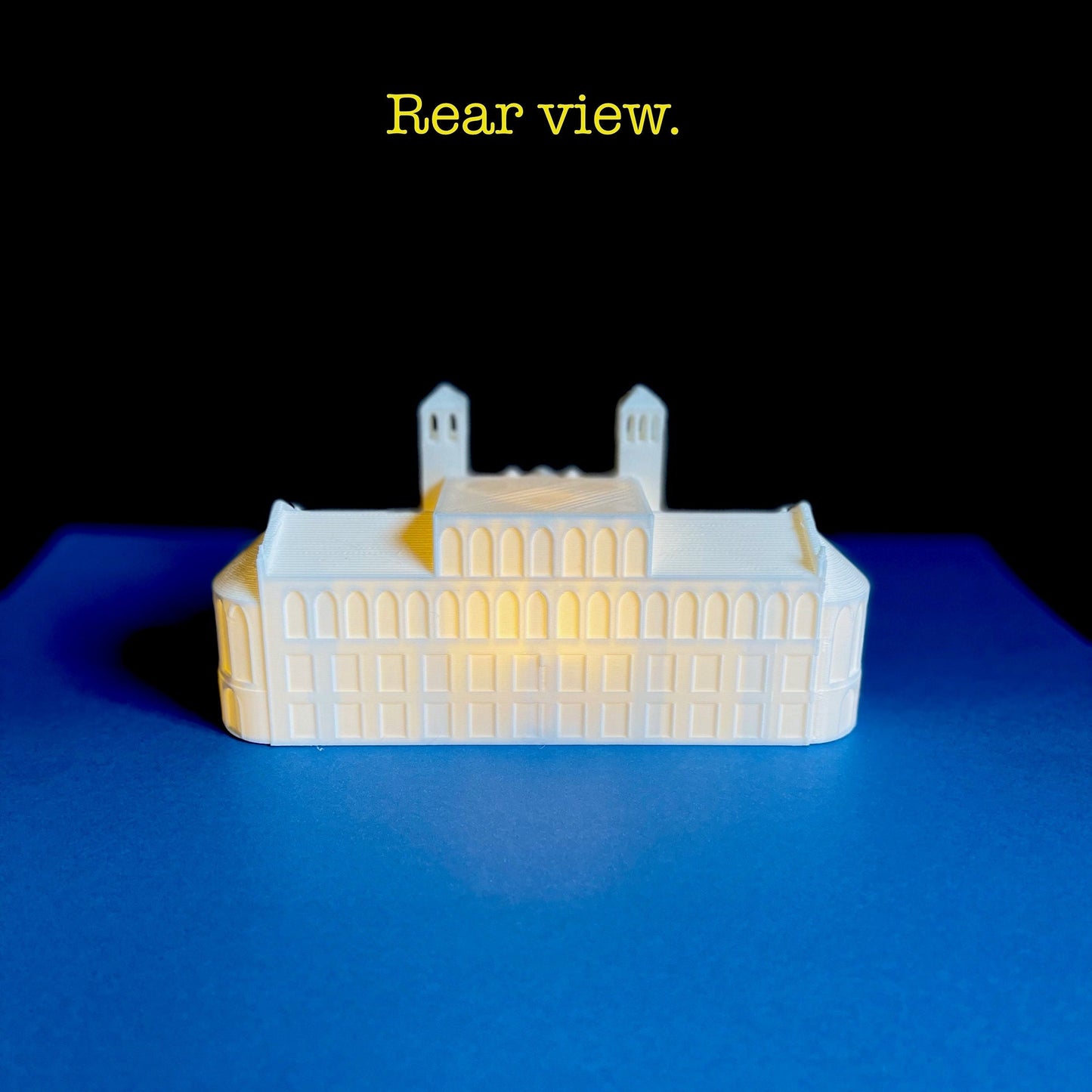 Rear view of the UCLA Royce Hall figurine, a gift for UCLA graduates.