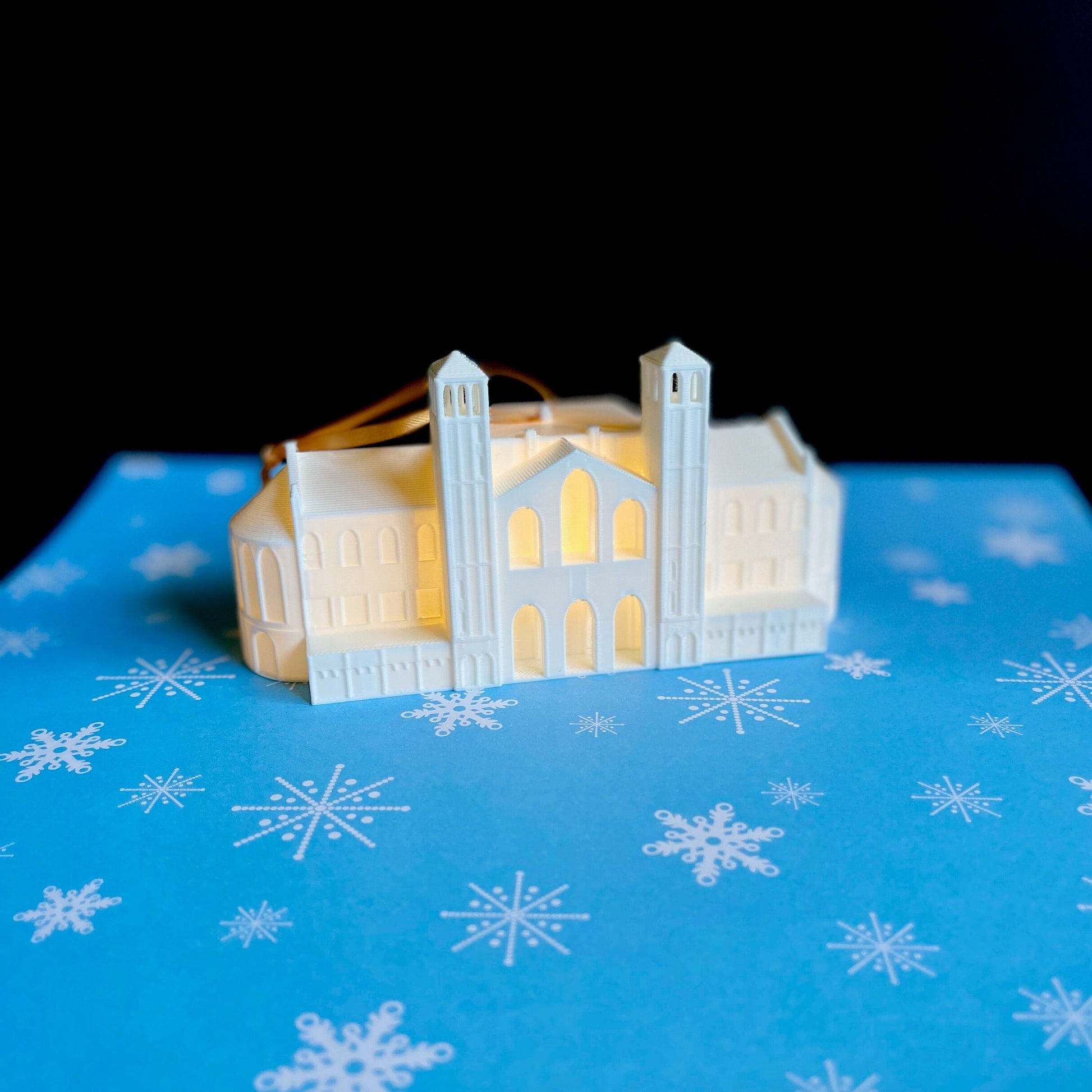 The lighted UCLA Bruins ornament, designed in honor of the UCLA Royce Hall.