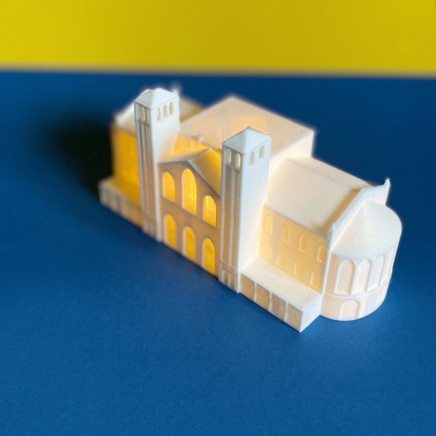 Top view of the lighted UCLA Bruins party decoration, designed as a replica of the UCLA Royce Hall.