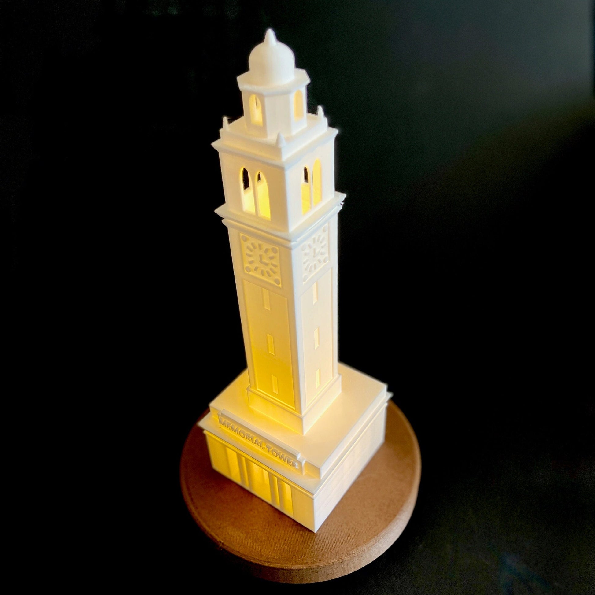 Top view of the lighted LSU Memorial Tower figurine.