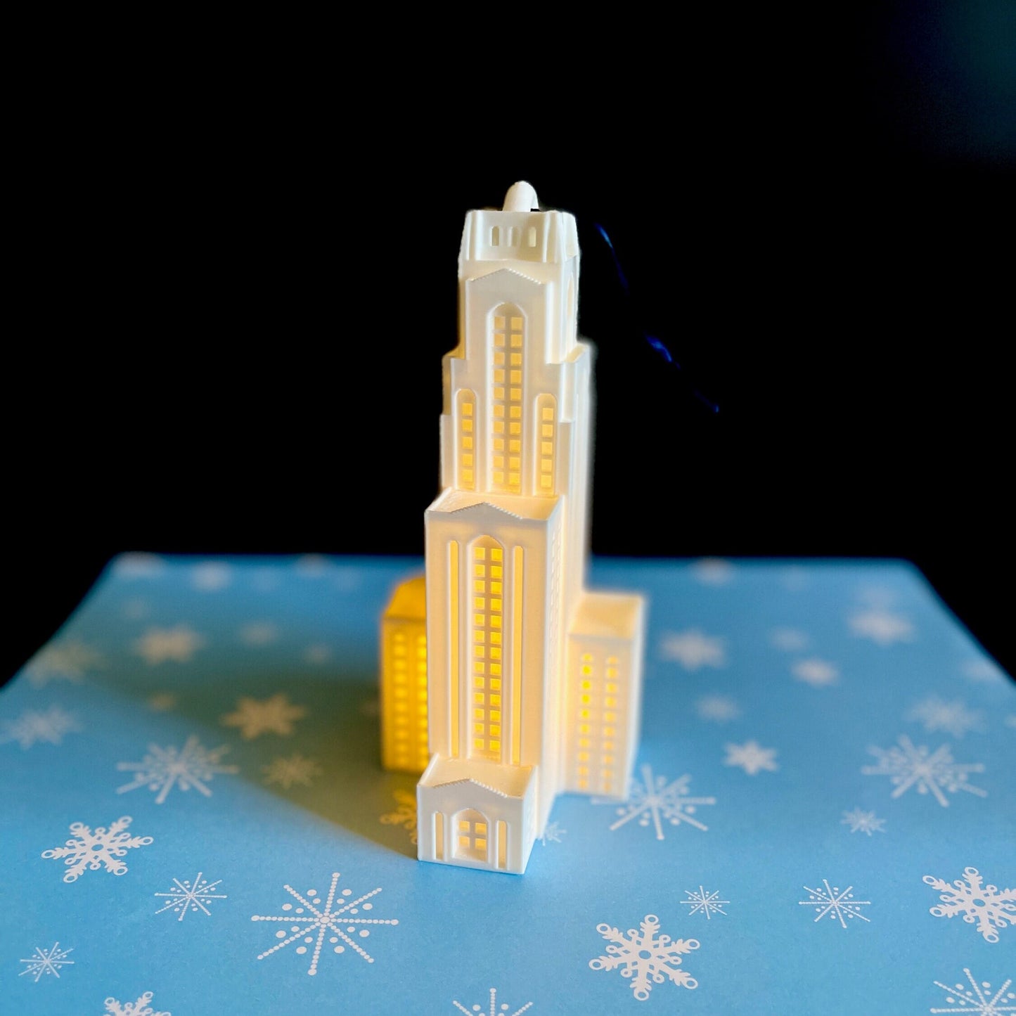 The Pitt ornament, designed as a replica of the Pitt campus building (the Cathedral of Learning).