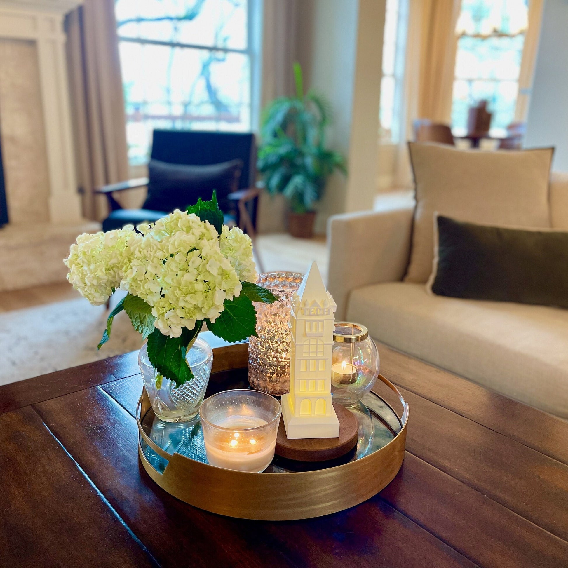 The Georgia Tech lamp, shown on a living room tray.