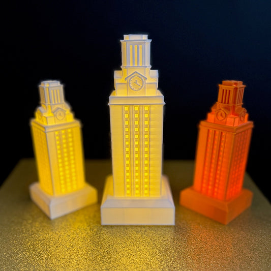 The University of Texas night lights, shown in various sizes.