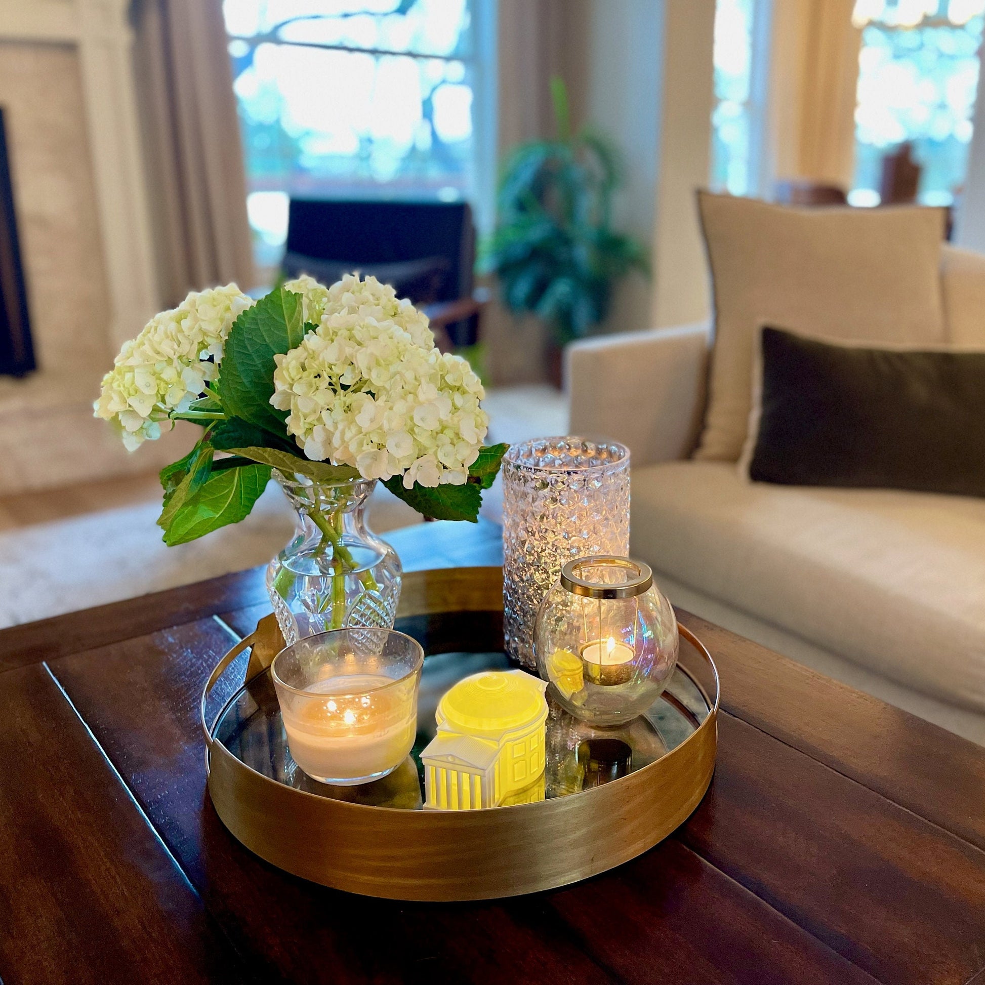 The UVA graduation gift, shown displayed on a living room tray.