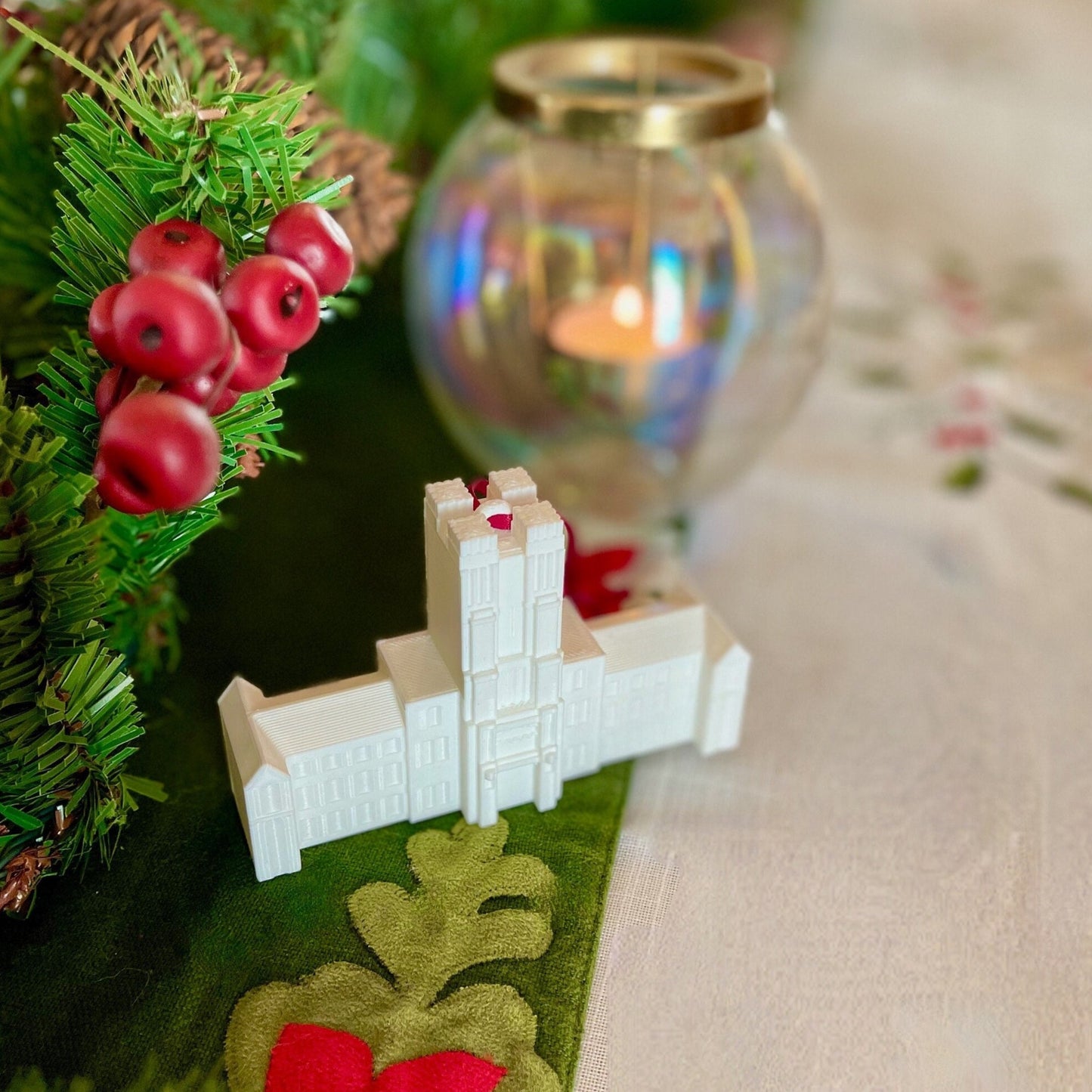 The Virginia Tech Christmas ornament, designed in honor of Burruss Hall.