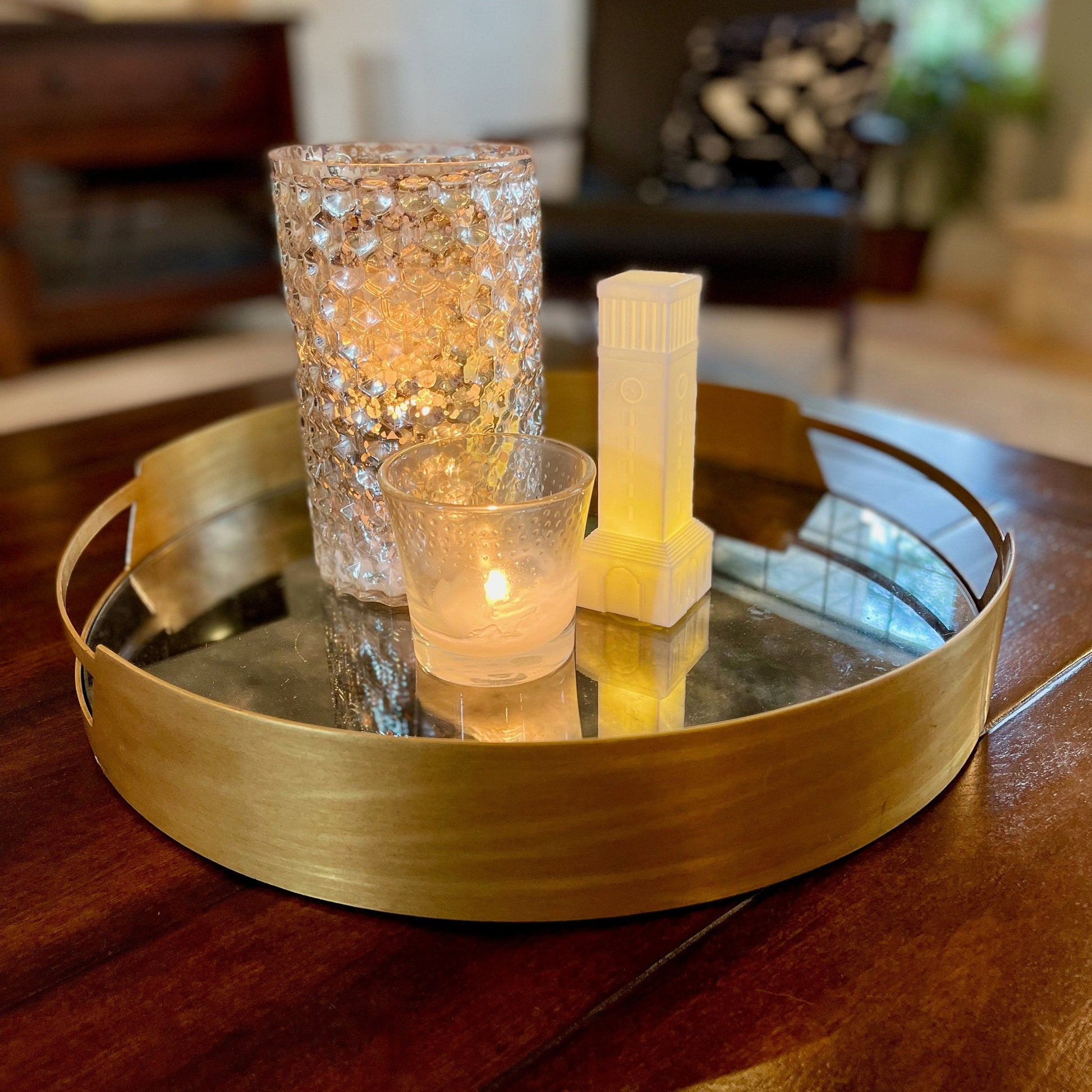 The lighted Texas A&M figurine, shown on a living room tray.