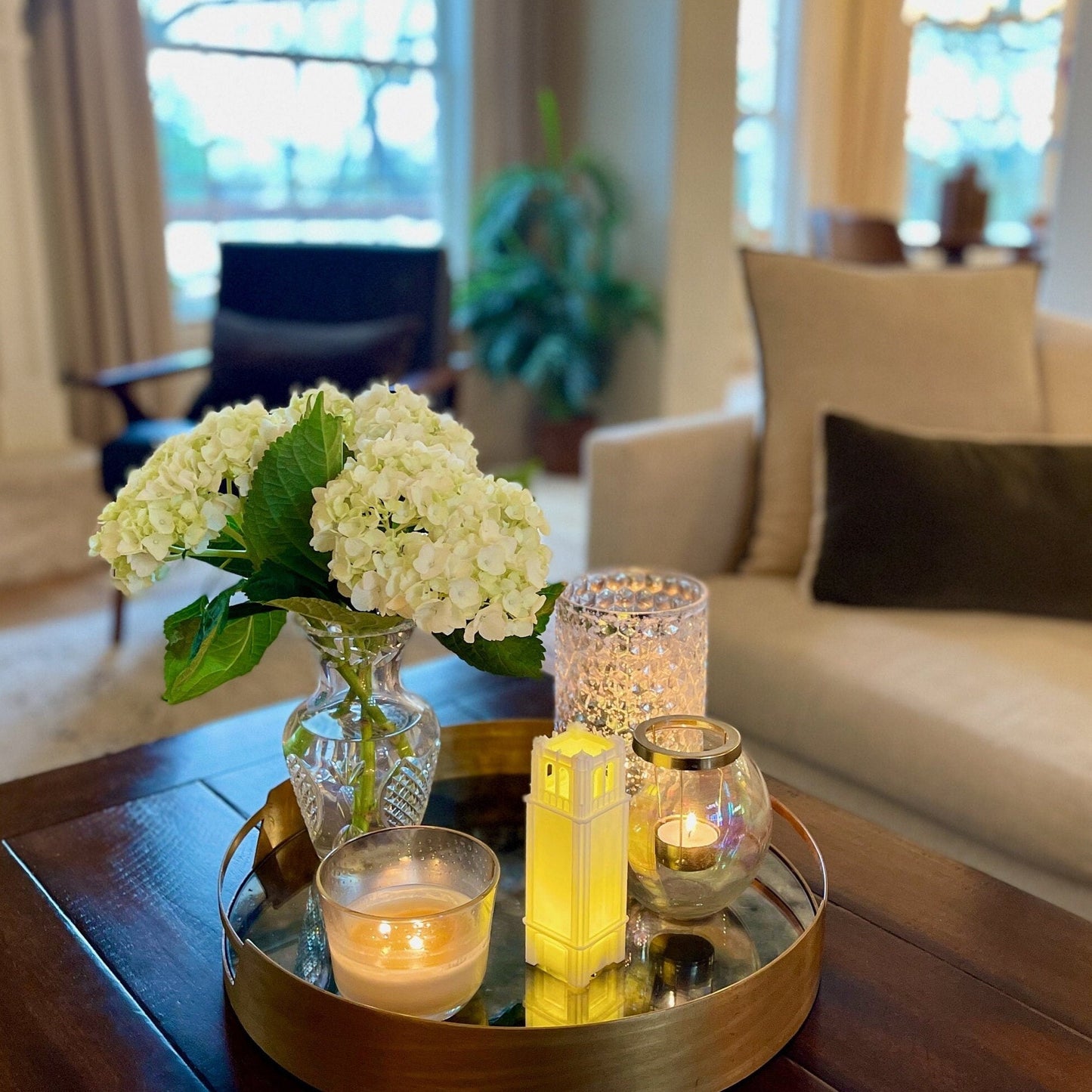 The lighted university of florida home decor item, shown on a living room tray.