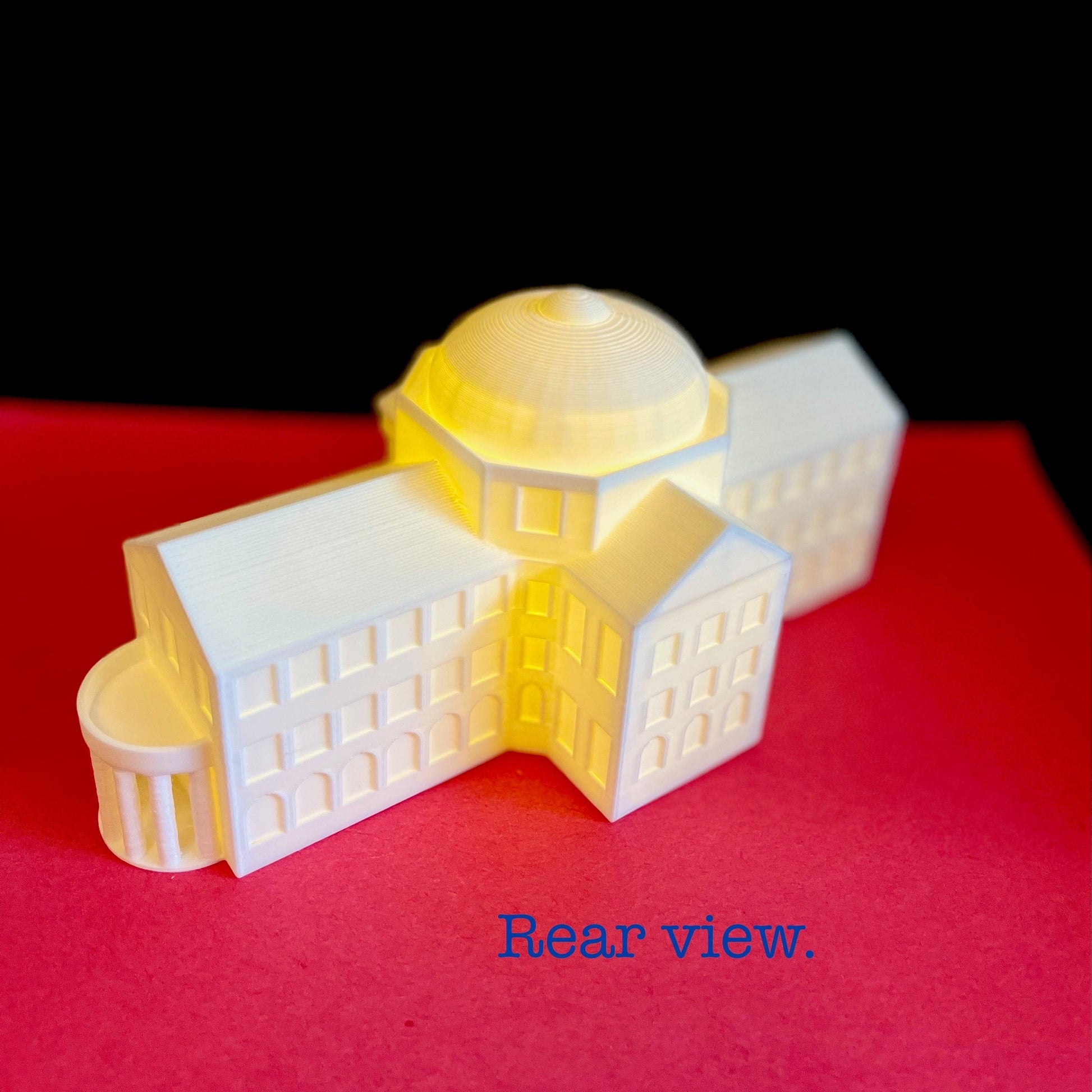 Rear view of the SMU Dallas Hall lighted figurine.