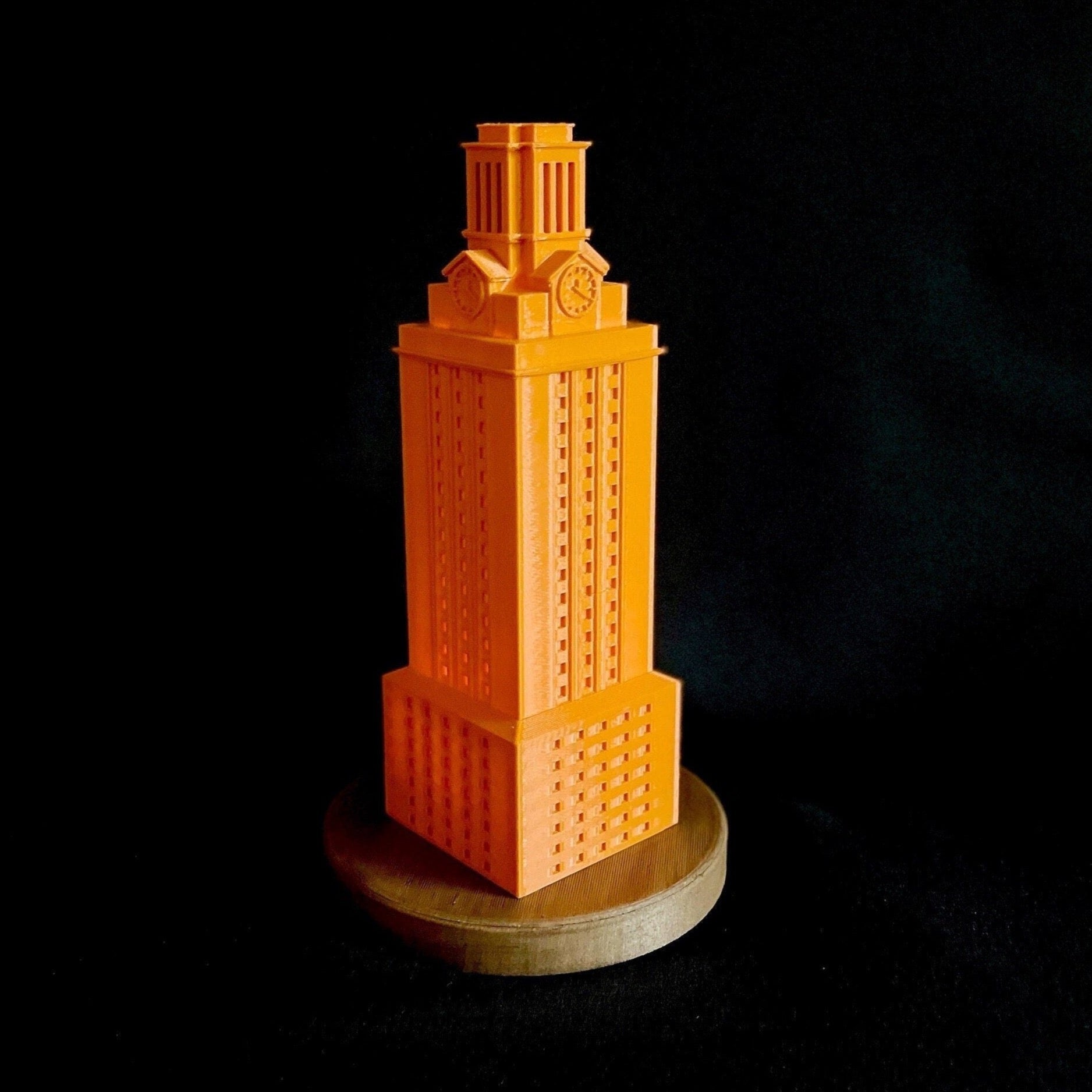 The burnt orange University of Texas lamp, designed in honor of the UT Tower.