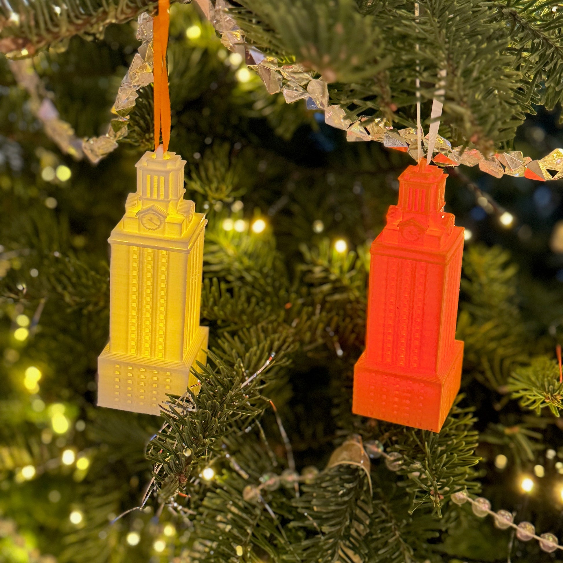 The University of Texas ornaments, shown on a tree decorated for the holidays.