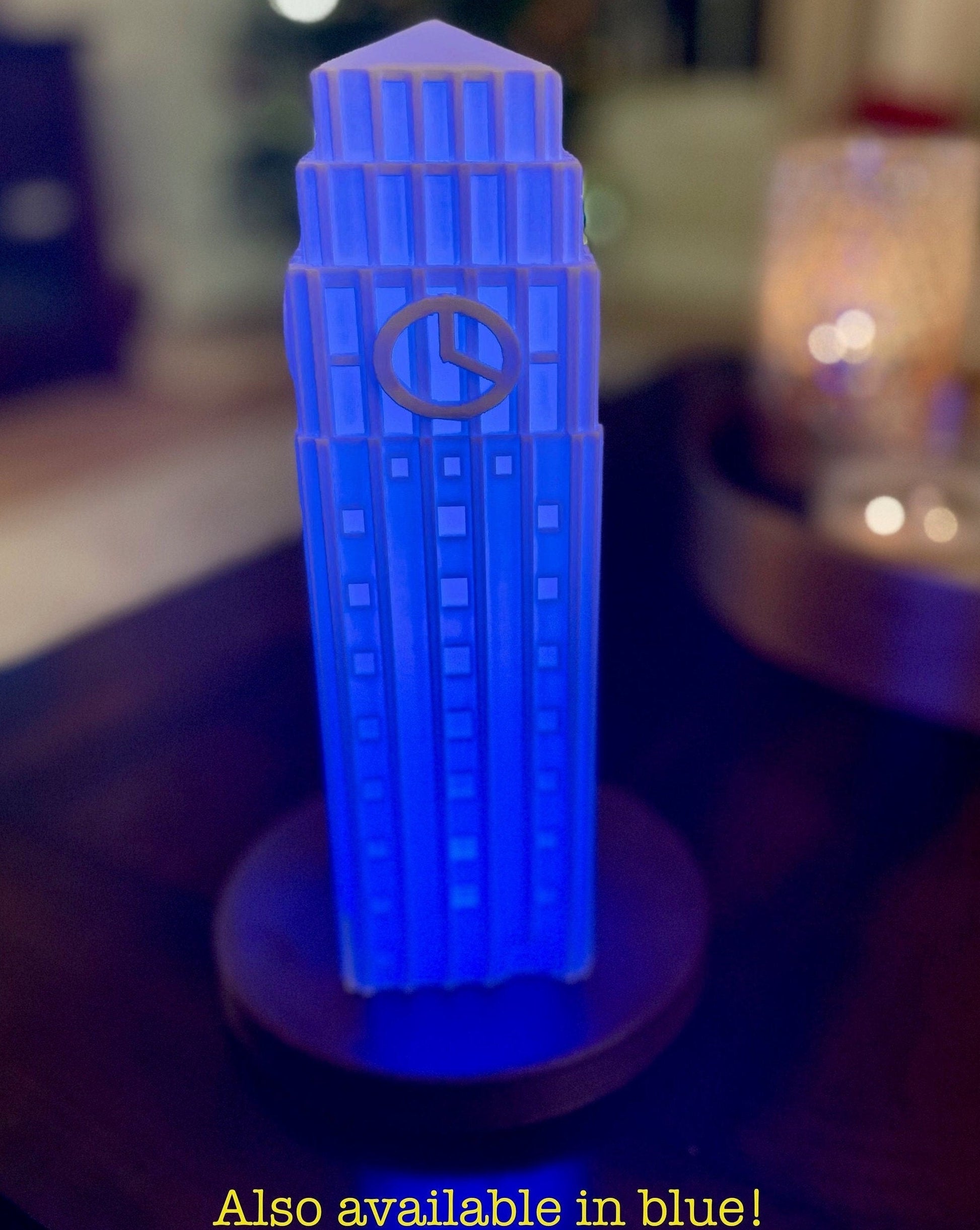 The University of Michigan home decor light, shown in blue.