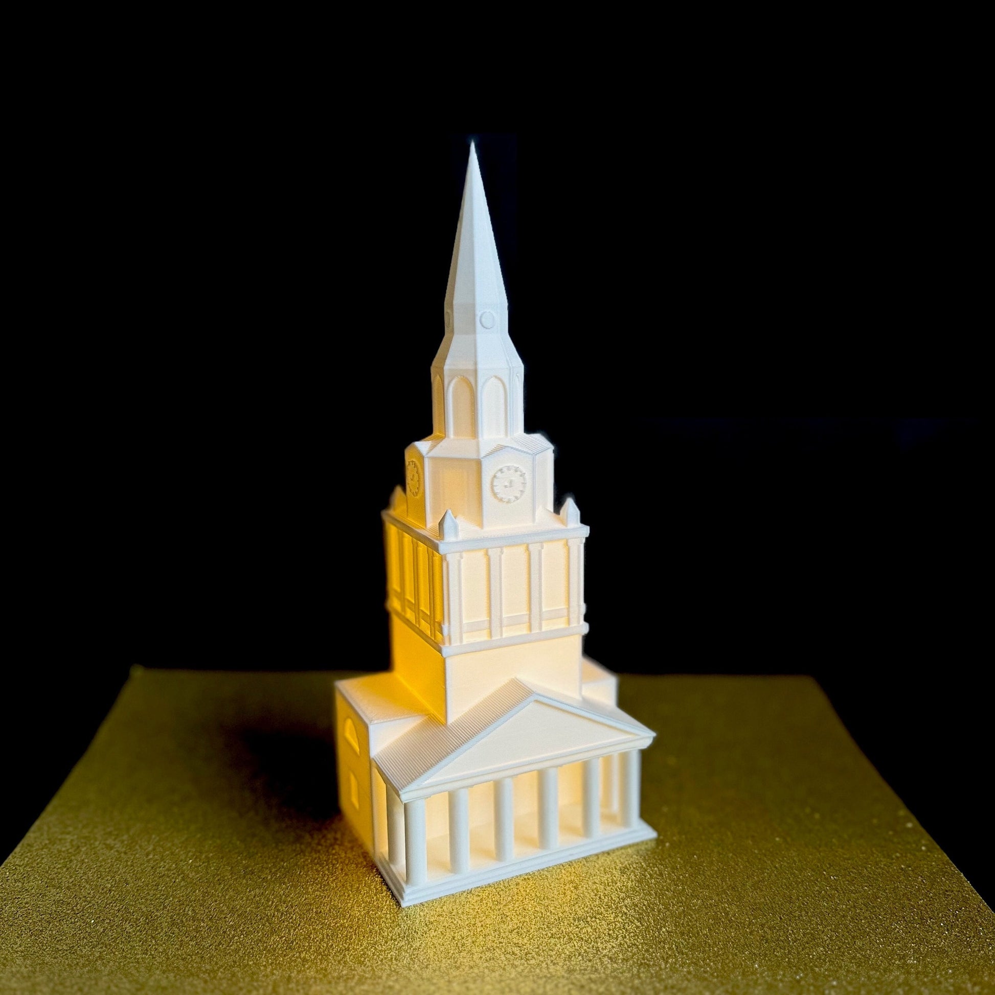 The lighted Wake Forest figurine of Wait Chapel.