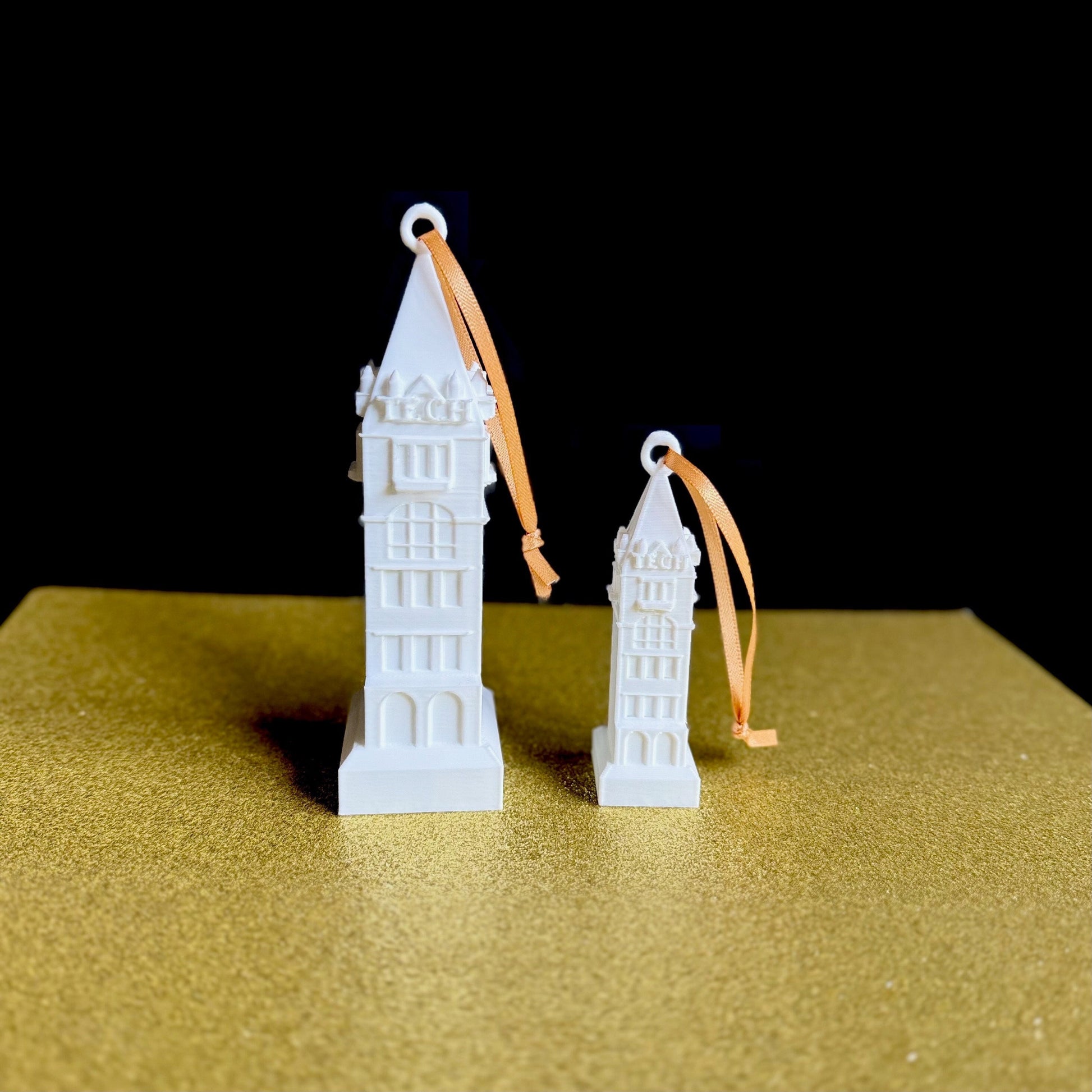 The Georgia Tech ornaments, 3D printed in white filament.